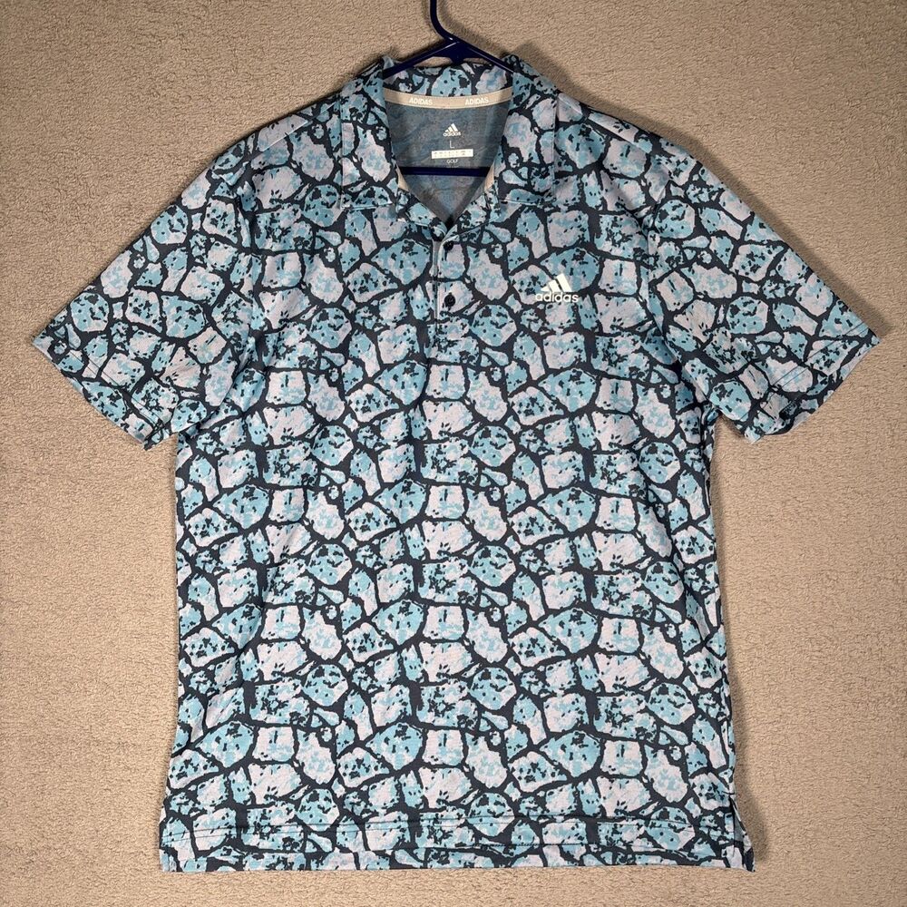 Adidas Golf Polo Shirt Mens Size L Blue Gray Abstract Camo Geometric Powder Blue